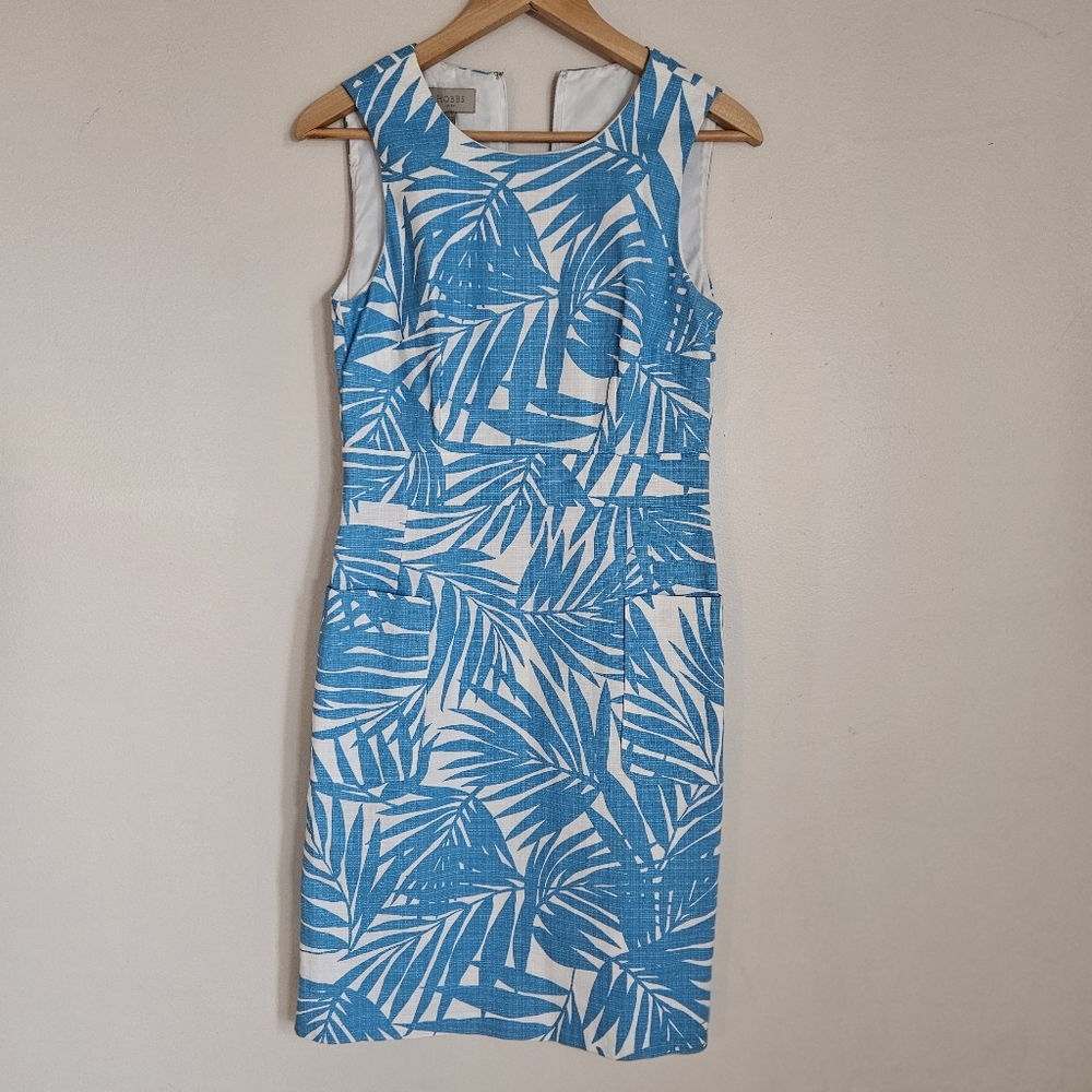 Hobbs London Allison Palm Print Dress Turquoise Blue Print Pockets Cotton SZ4